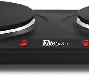 Elite Gourmet EDB-302BF# Countertop Double Cast Iron Burner, 1500 Watts Electric Hot Plate, Temperature Controls, Power Indicator Lights, Easy to Clean, Black