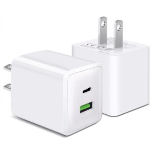 2 Pack USB C Wall Charger, PLSFLICK 20W Dual Port Power Delivery Fast Type C Charging Block Plug Adapter for iPhone 14 13 12 Pro Max Mini XR XS SE, Ipad, Airpods, Samsung Galaxy(White)