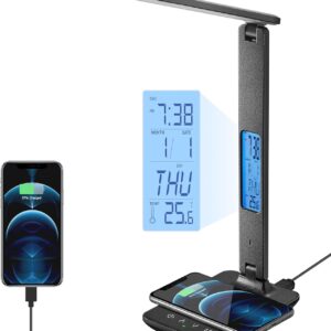 poukaran LED Desk Lamp with Wireless Charger, USB Charging Port, Table Lamp with Clock, Alarm, Date, Temperature, Desk Lamps for Home Office,Black
