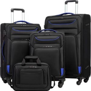 Coolife Luggage 4 Piece Set Suitcase TSA Lock Spinner Softshell lightweight(black+blue)