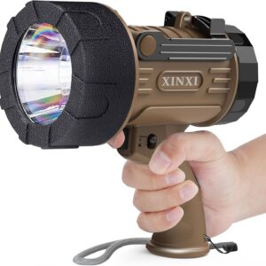 Rechargeable Spotlight with 1000000 Lumens, 4 Light Modes and USB Charger for Hiking, Boating, Hunting, IP67 Waterproof Handheld Flashlight with red Filter(Brown)