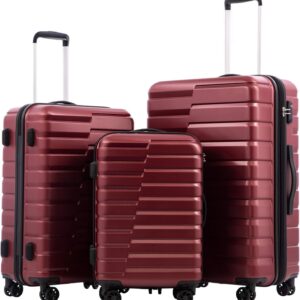 COOLIFE Expandable Suitcase PC ABS TSA Luggage Lock Spinner Carry on (wine red, 3 piece set)