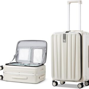 Hanke 24 Inch Checked Luggage PC Hard Case Luggage Top Opening Aluminum Frame Tsa Luggage Suitcases with Wheels for Travel Woman Men.(Ivory white)