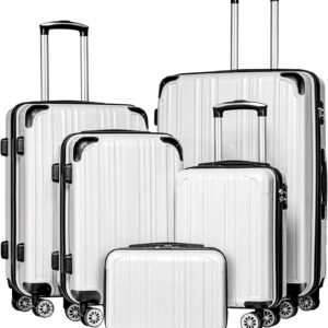 Coolife Luggage Expandable 5 Piece Sets PC+ABS Spinner Suitcase 20 inch 24 inch 28 inch (white grid new)